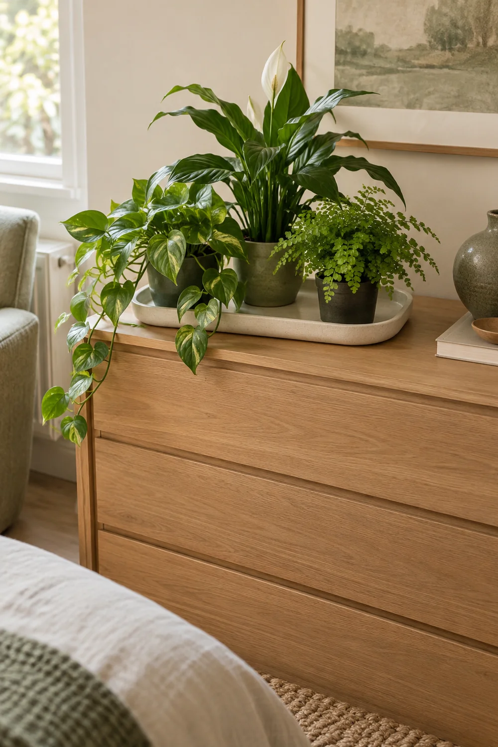 Three leafy plants in nursery pots on a cream tray above a timber chest