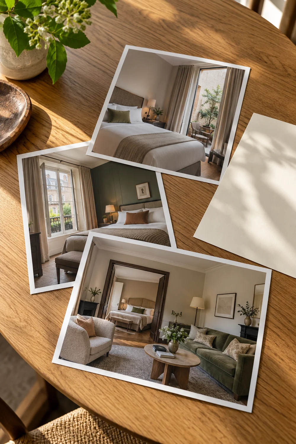 Three separate hotel room photographs on an oak table beside a blank sheet