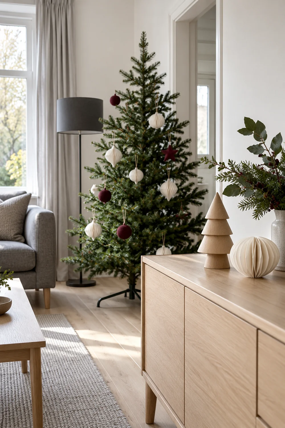 Timber Christmas ornament and white paper decoration displayed beside a tree
