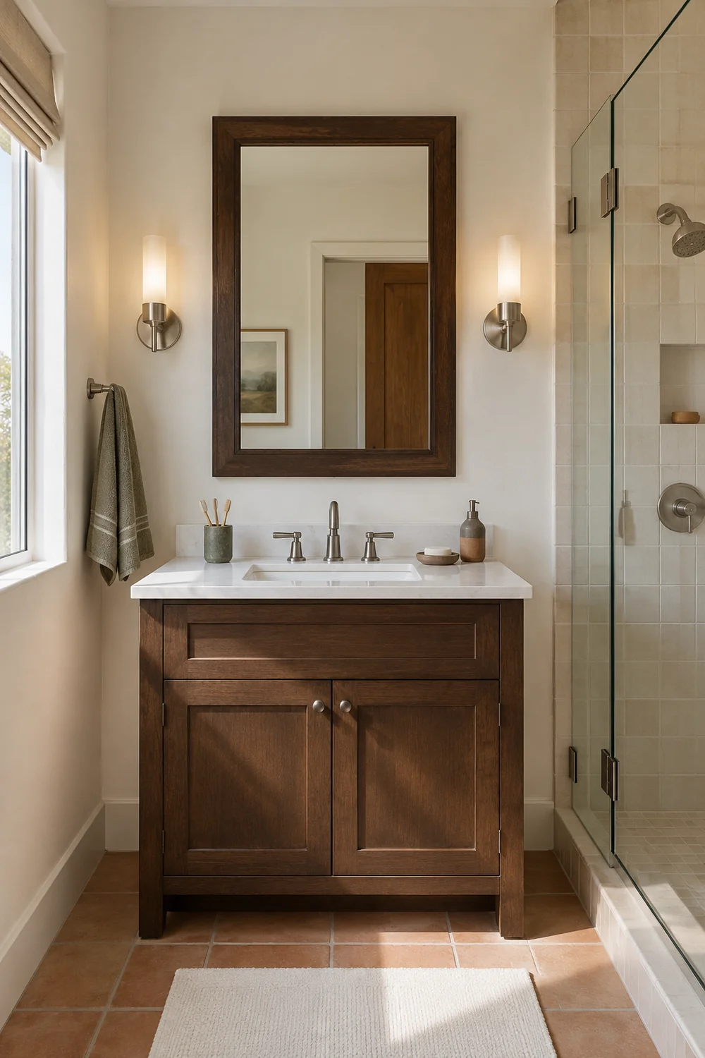 Timber framed mirror and two lit wall sconces above a walnut bathroom vanity