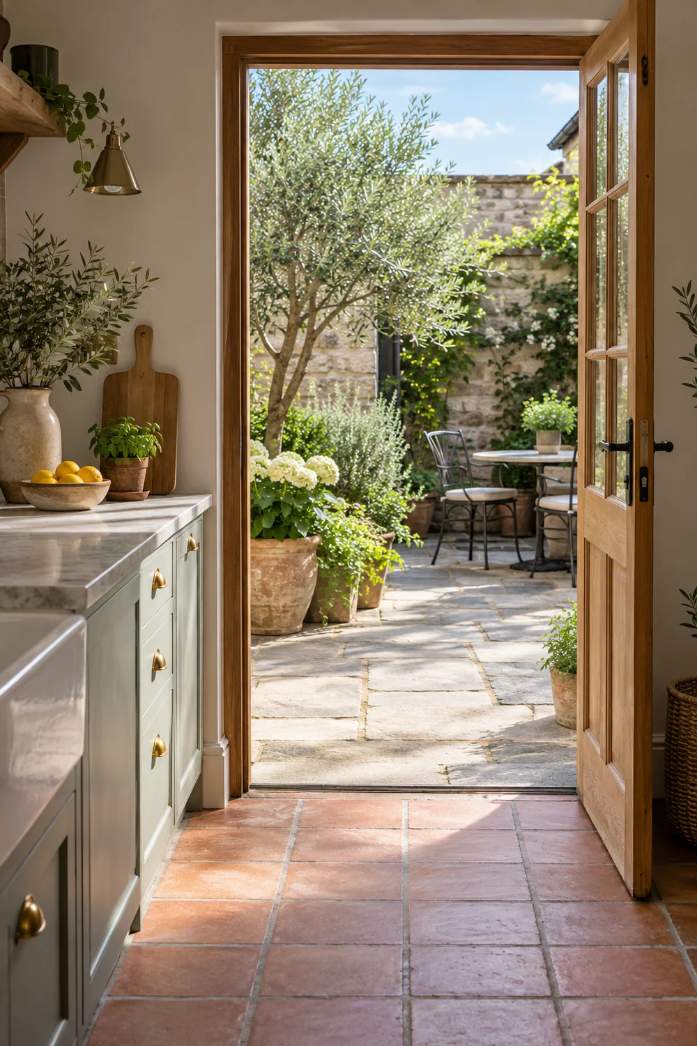 Timber kitchen doorway connecting terracotta tiles with a stone courtyard
