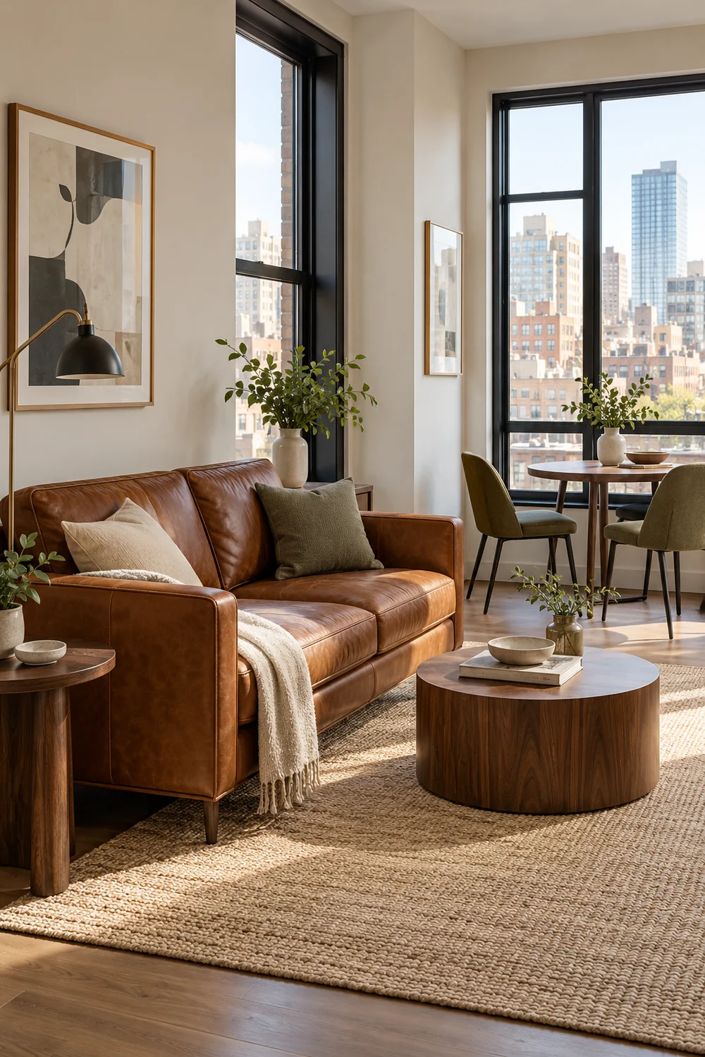 Tobacco leather sofa and walnut tables beside tall black apartment windows