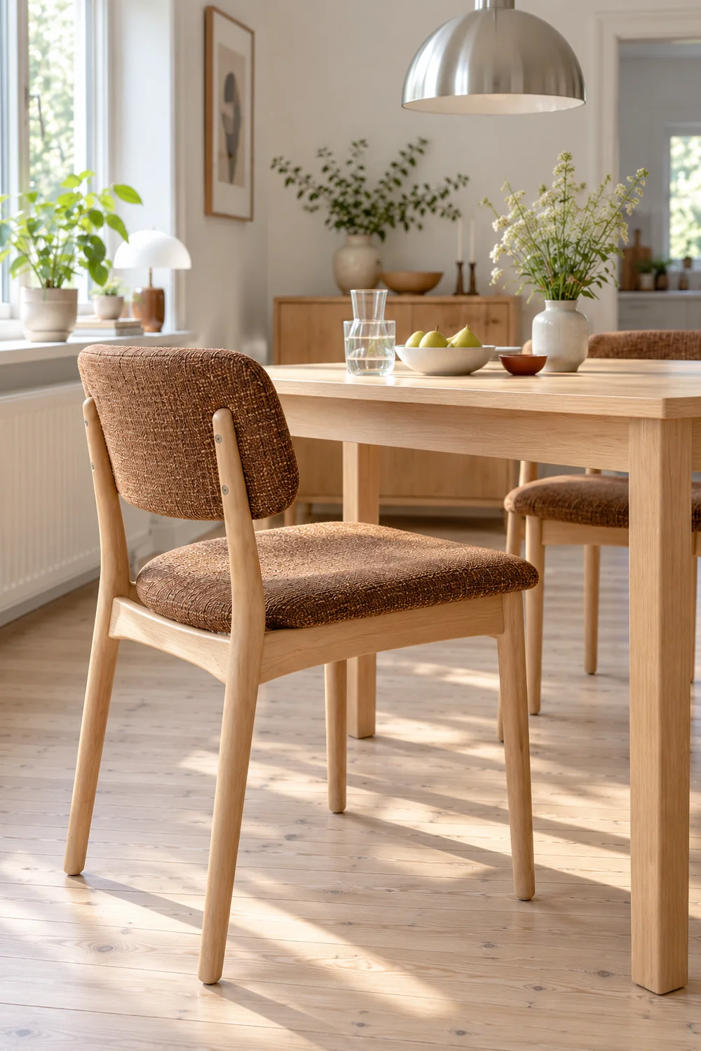 Tobacco padded beech dining chair beside the shallow apron of a pale timber table