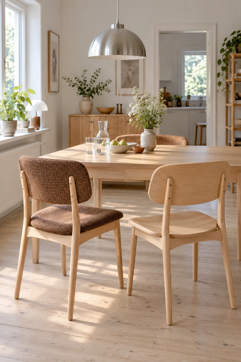 Tobacco upholstered and bare beech dining chairs beside a pale timber table