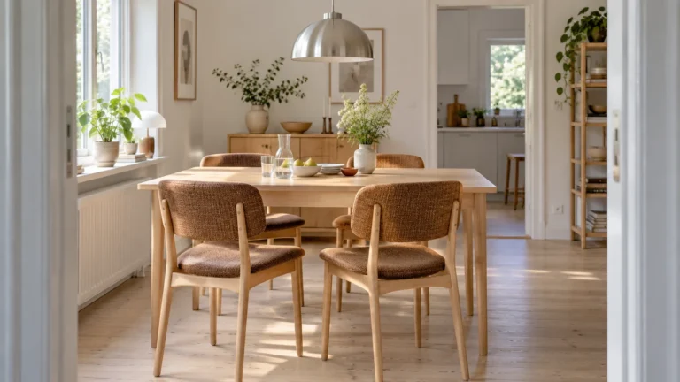 Tobacco upholstered beech dining chairs around a pale timber table in a bright Scandinavian room