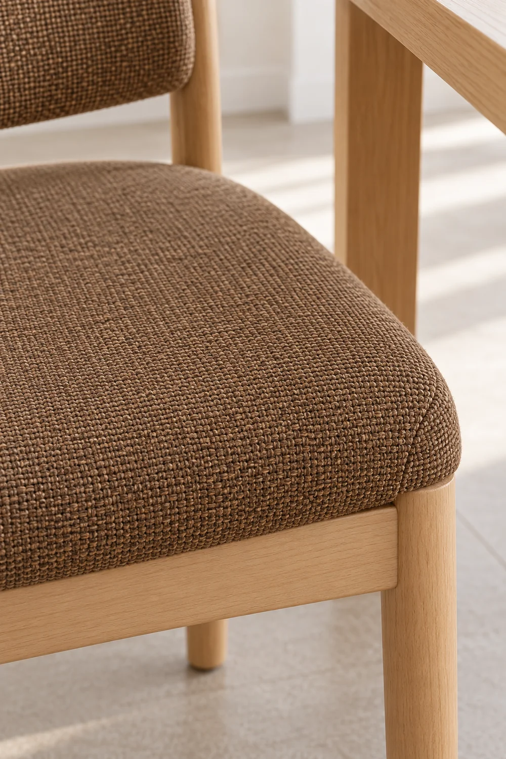 Tobacco woven upholstery and a rounded padded seat edge above a beech chair rail