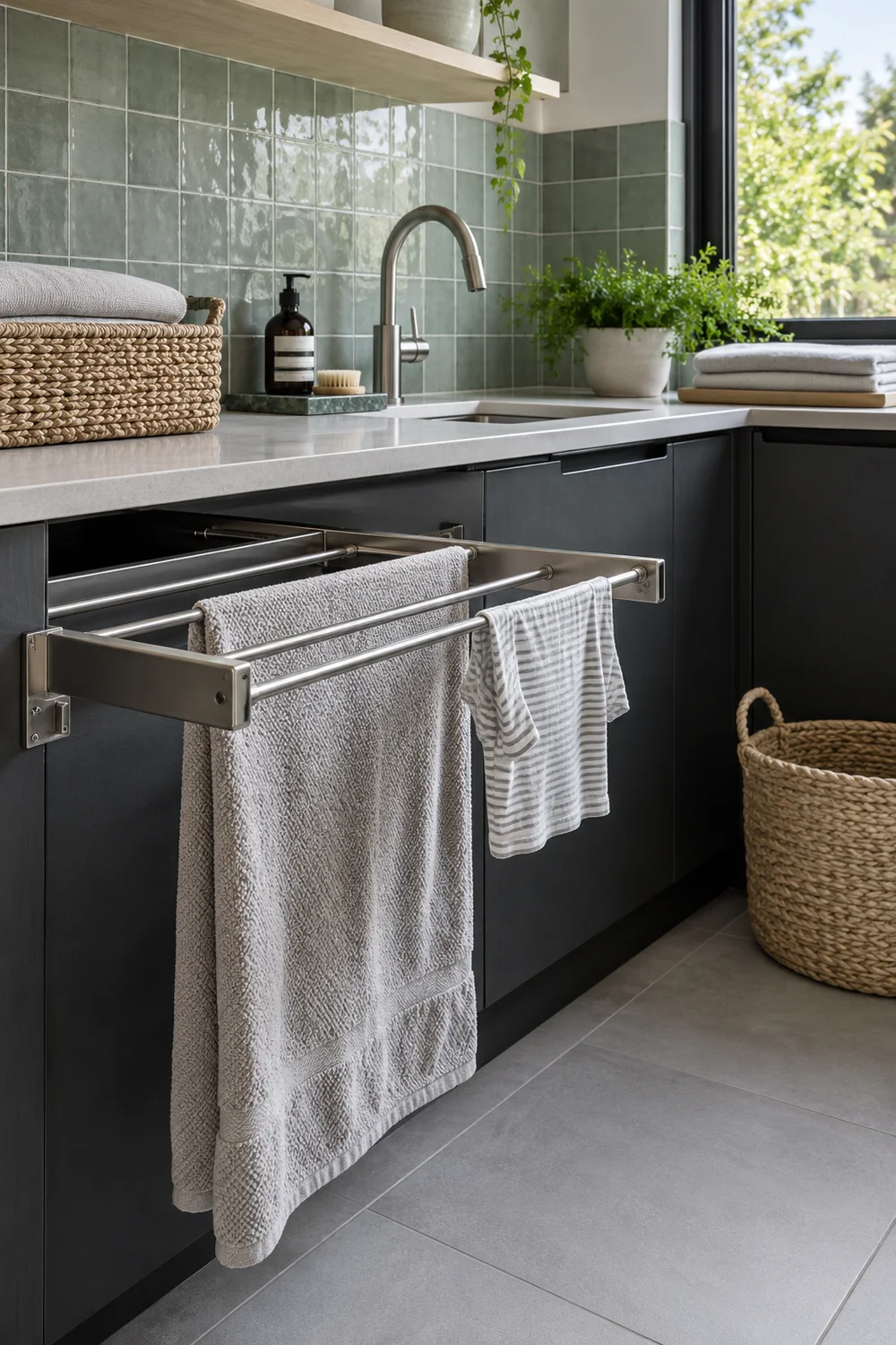 Towels hanging from a stainless rack beneath a utility counter