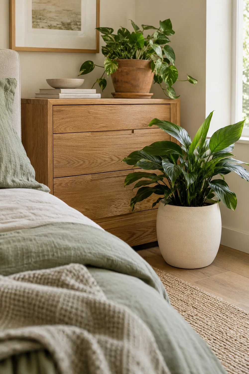 Trailing plant in a clay pot and broad leaf floor greenery beside sage linen