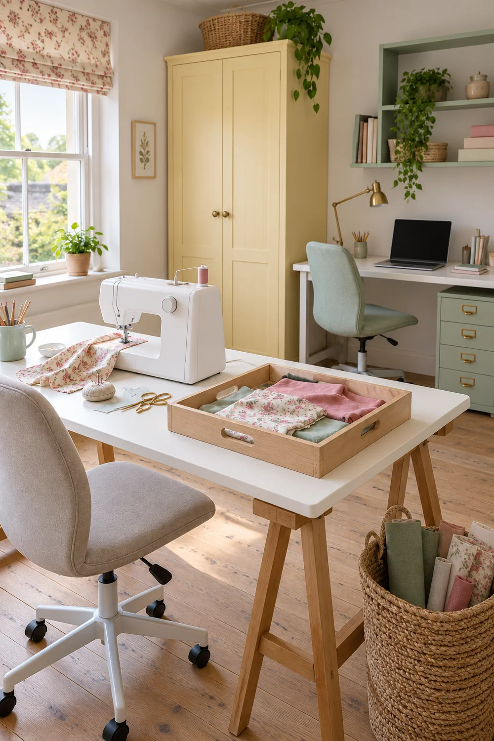 Tray containing an unfinished floral sewing project beside a separate laptop desk