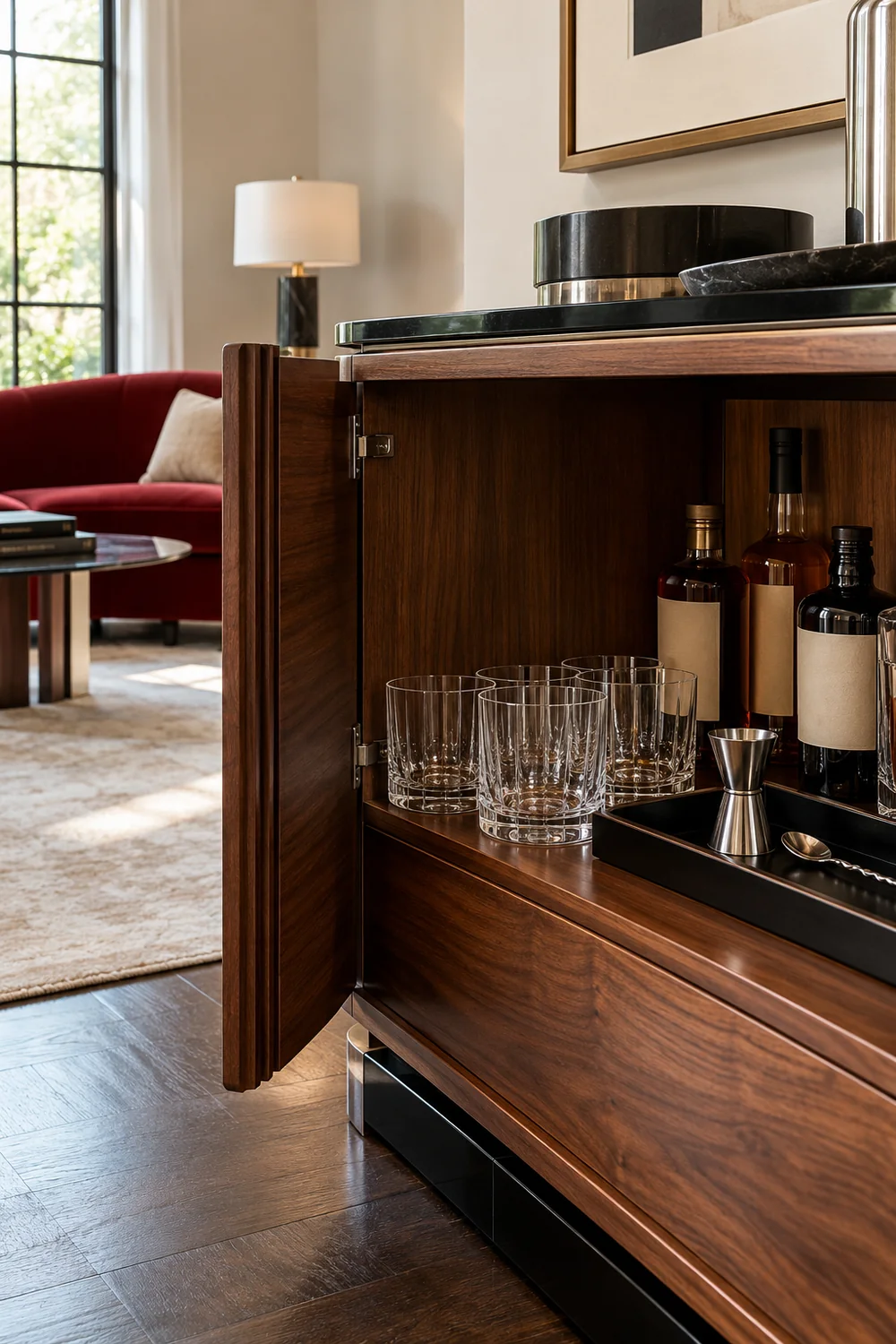 Tumblers beside a tool tray inside an open walnut cabinet