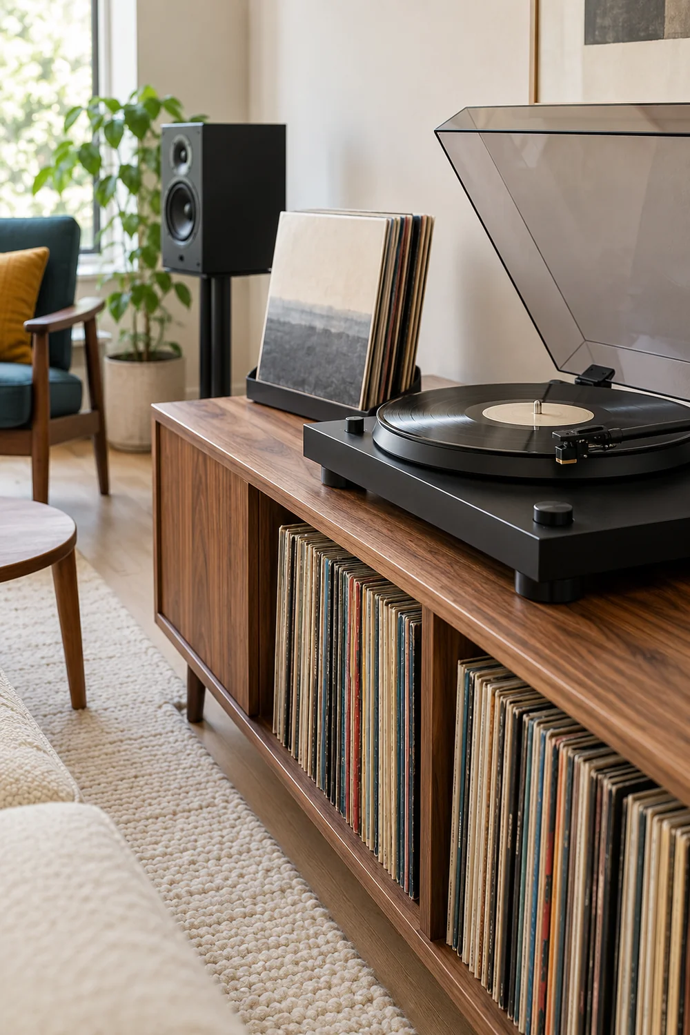 Turntable controls and a separate sleeve stand above walnut record compartments