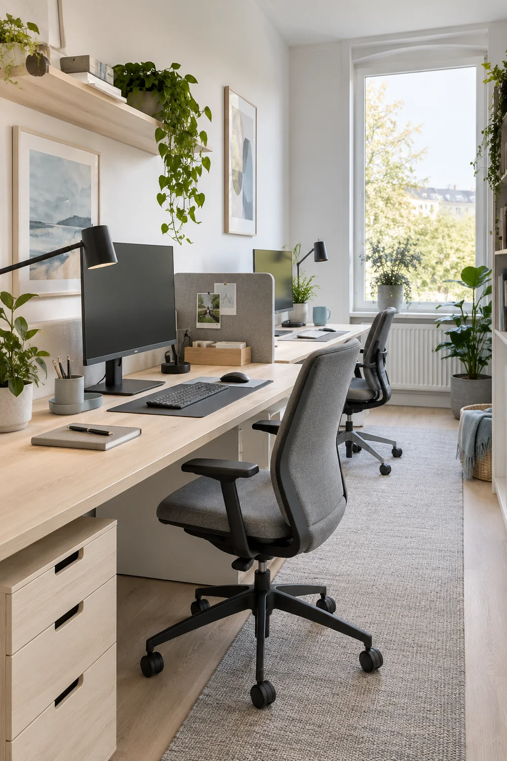 Two Scandinavian desk stations with separate chairs screens and task lights