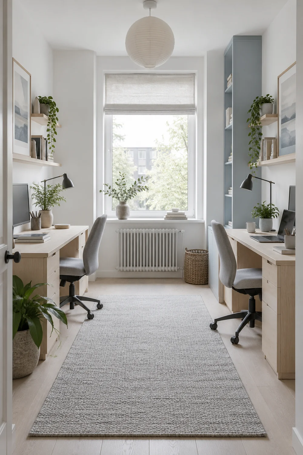 Two Scandinavian desks aligned along one wall with a clear centre route