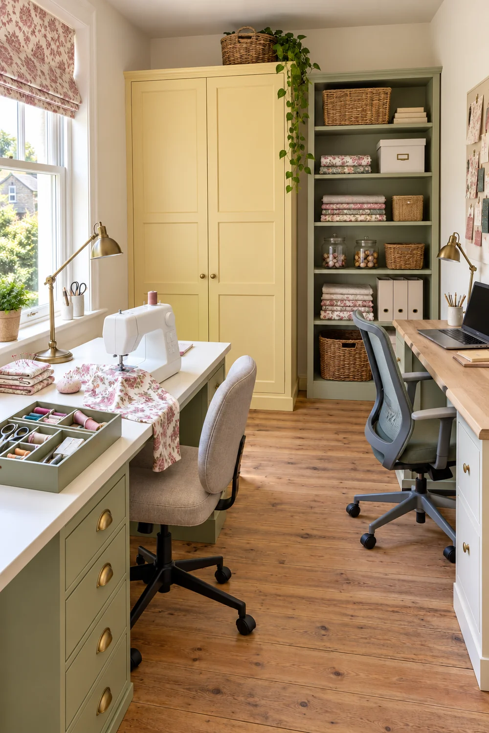 Two adjustable chairs facing separate sewing and computer worktops