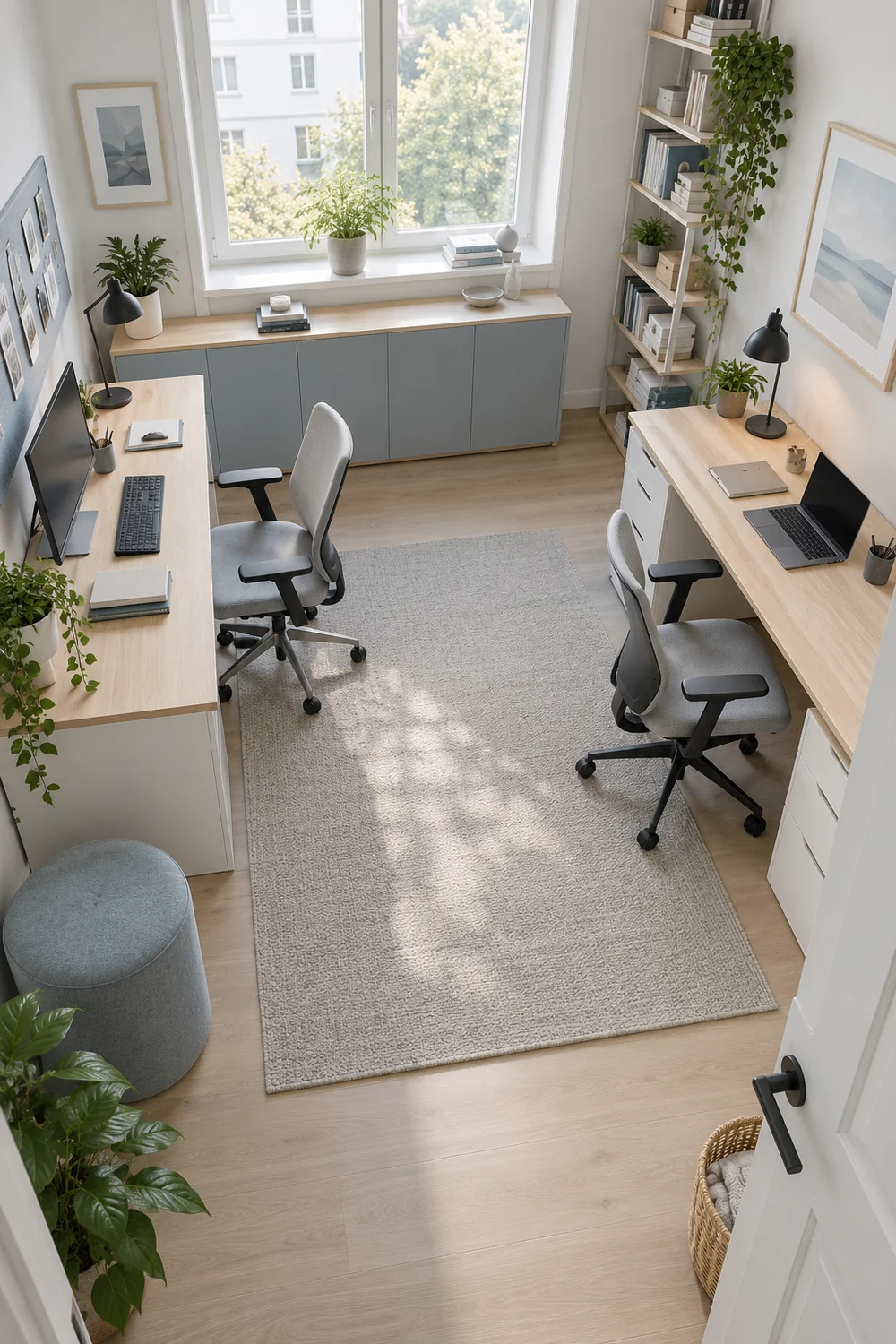 Two adjustable office chairs pulled back without blocking the cabinet