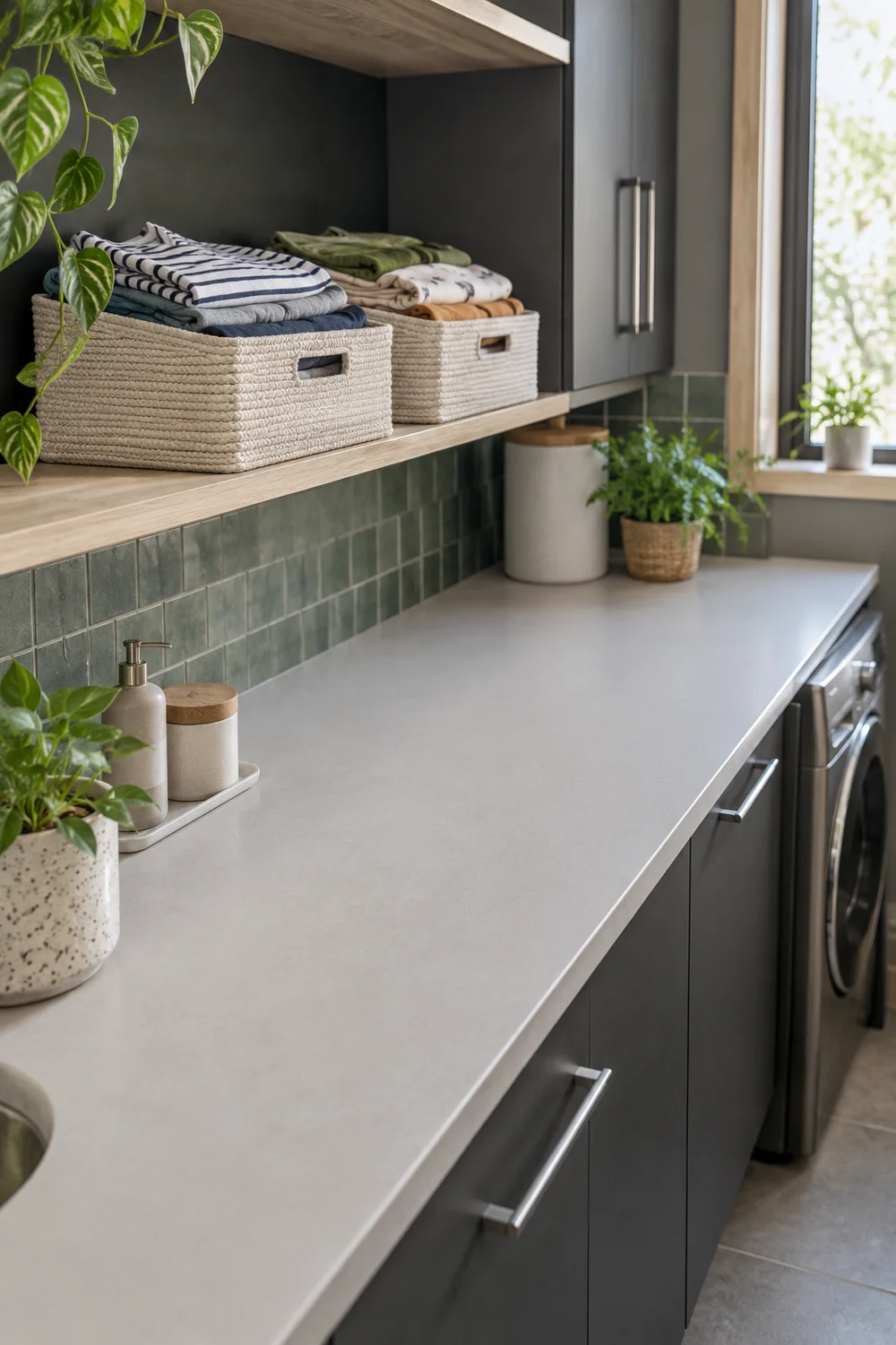 Two baskets of folded clothes on an ash shelf above a clear counter