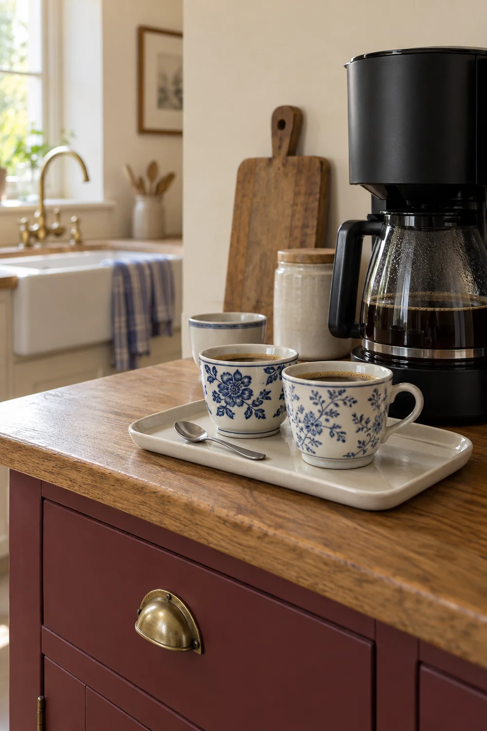 Two blue and white coffee cups and a spoon on a white glazed tray beside a brewer