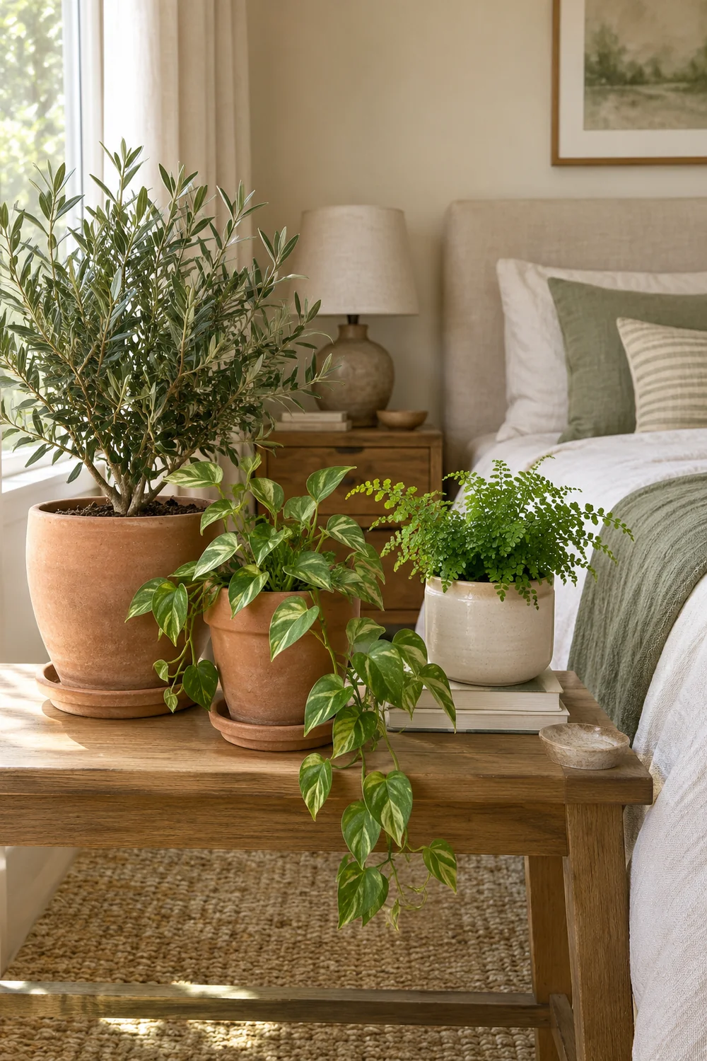 Two clay plant pots and a cream planter grouped on a timber bedroom table