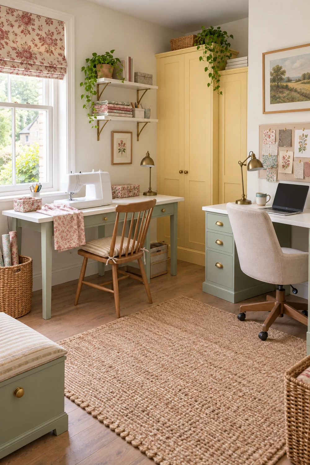 Two corner workstations with a sewing machine and computer in a cottage room