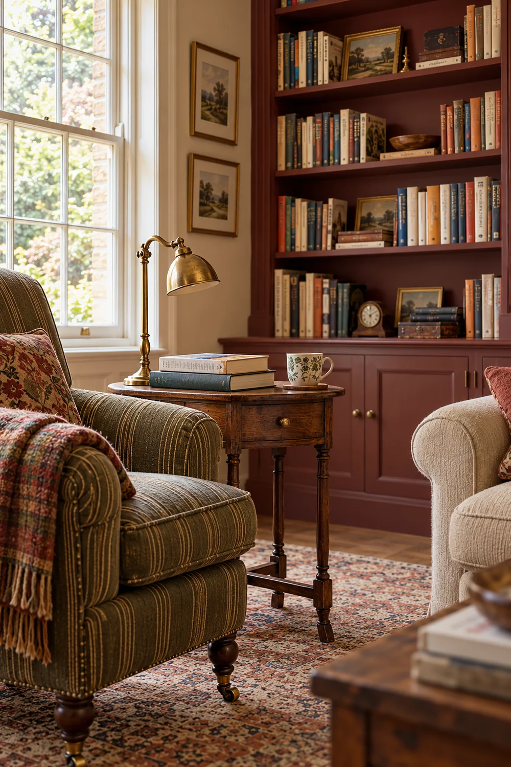Two current reading books on a round walnut table beside an olive armchair
