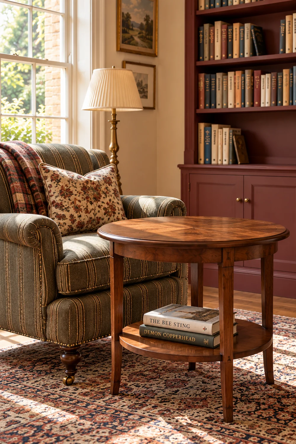 Two current reading novels on the lower shelf of a round walnut table beside an olive chair