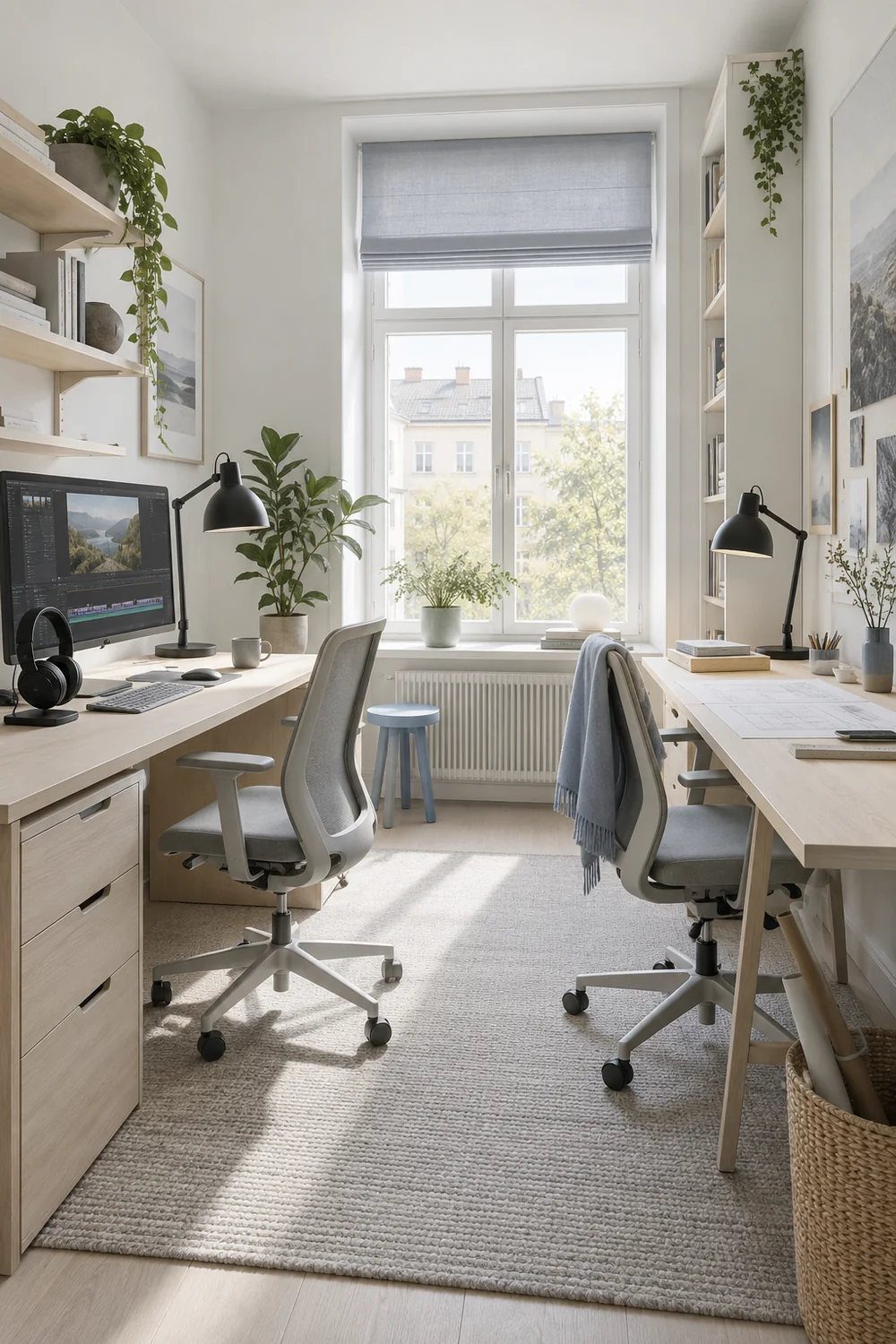 Two different work setups sharing one calm Scandinavian office