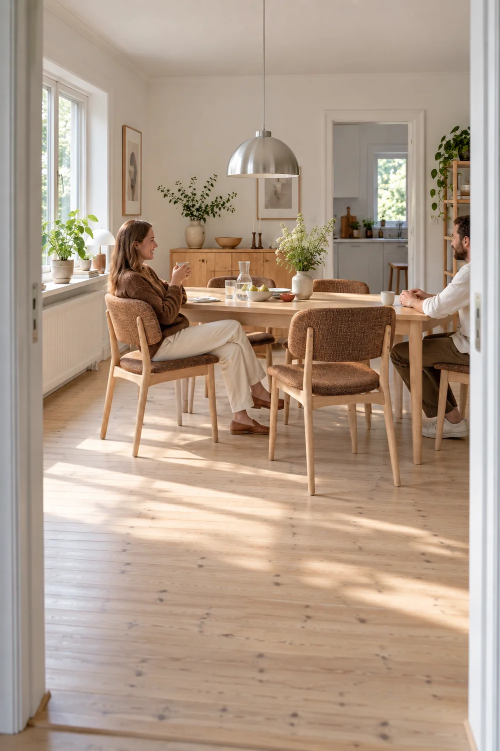 Two friends seated in tobacco beech dining chairs during relaxed table conversation