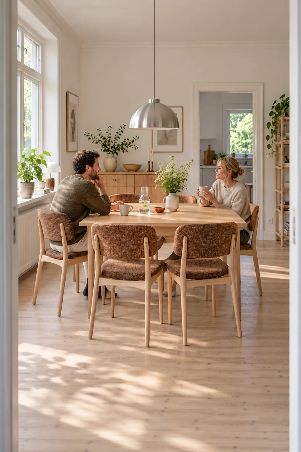Two friends talking over cups at a beech dining table with tobacco upholstered chairs