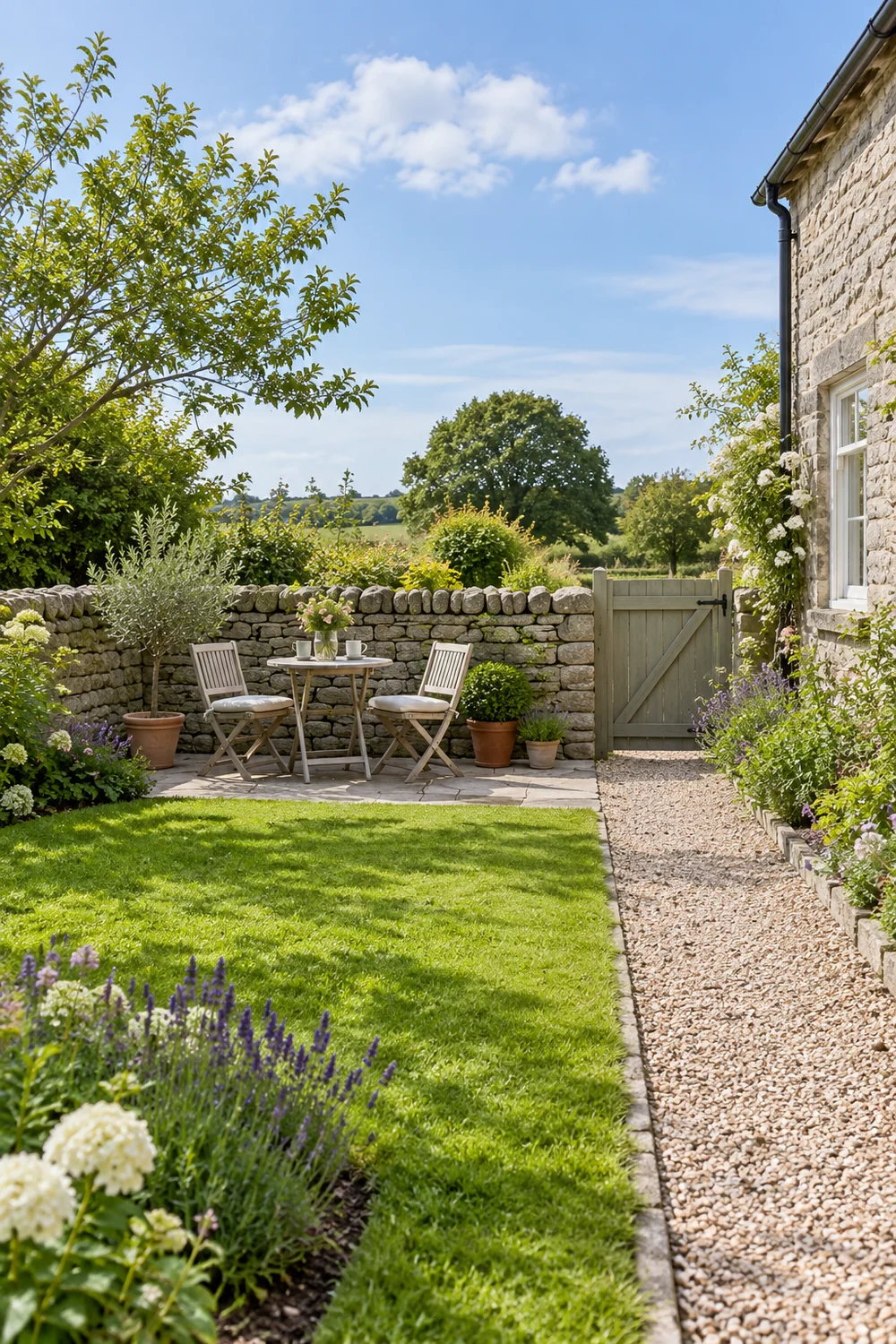 Two garden chairs beside a stone boundary and gravel path