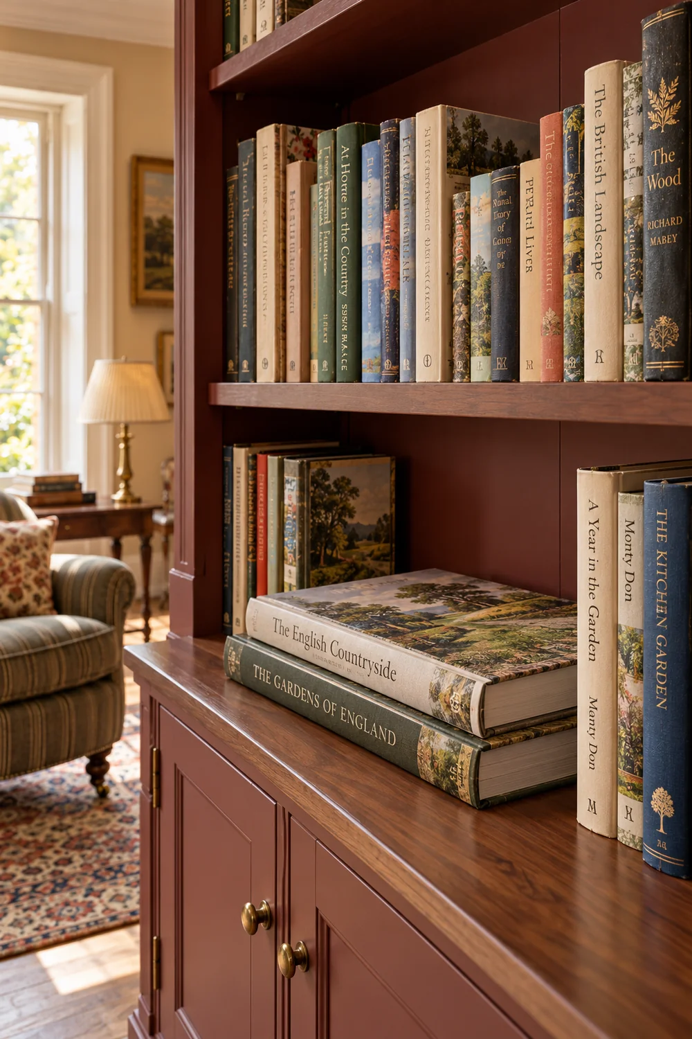 Two large illustrated books lying flat and fully supported on a walnut shelf