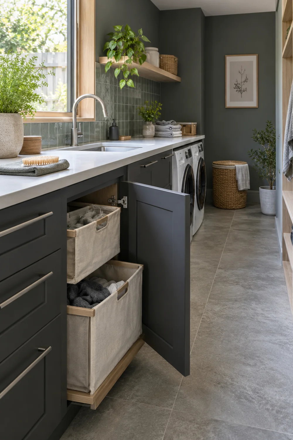 Two laundry baskets in open drawers beside charcoal utility cabinets