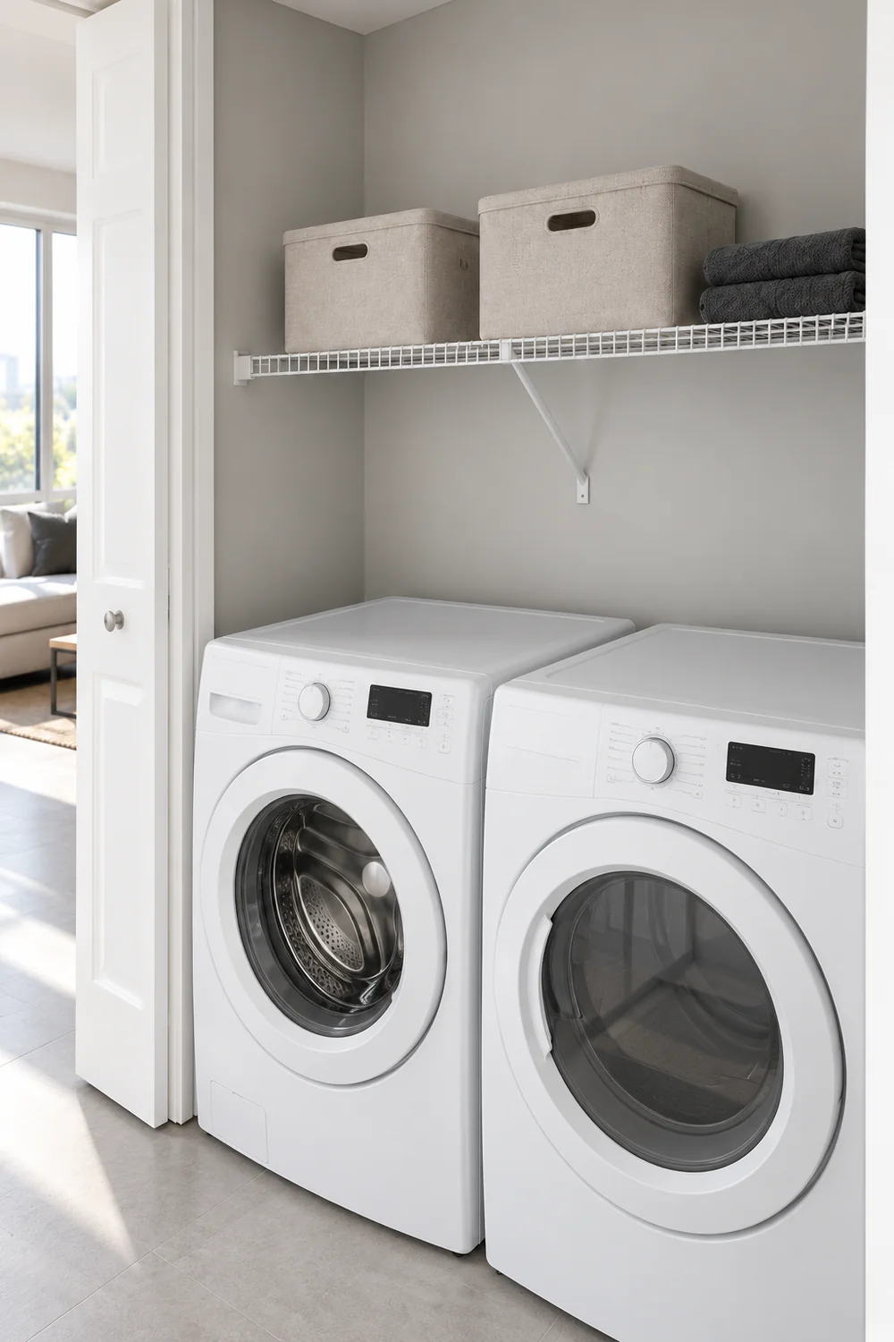 Two mushroom fabric bins on a white wire shelf above bare laundry machine tops