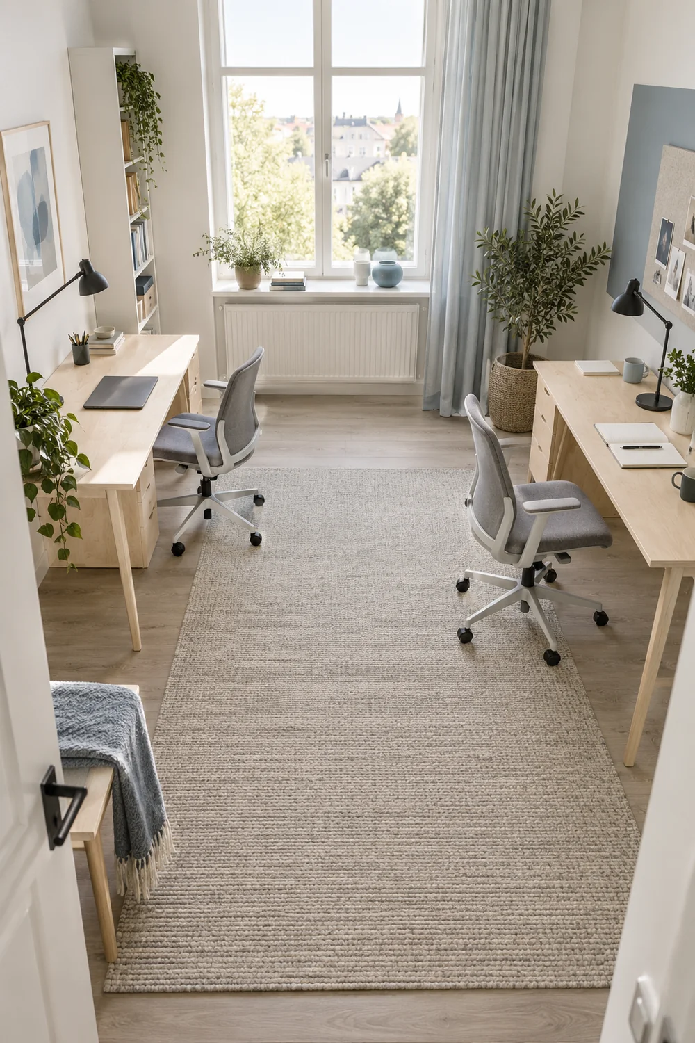 Two office chairs pulled back with space to move in a small room