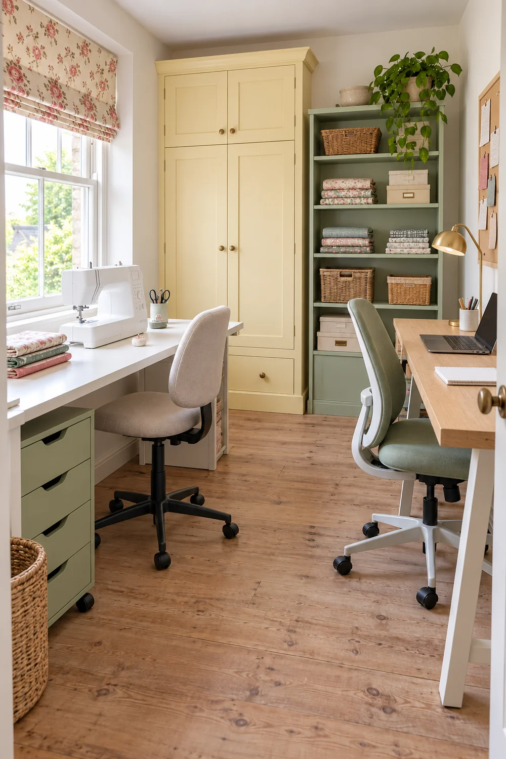 Two office chairs tucked beneath separate sewing and computer surfaces