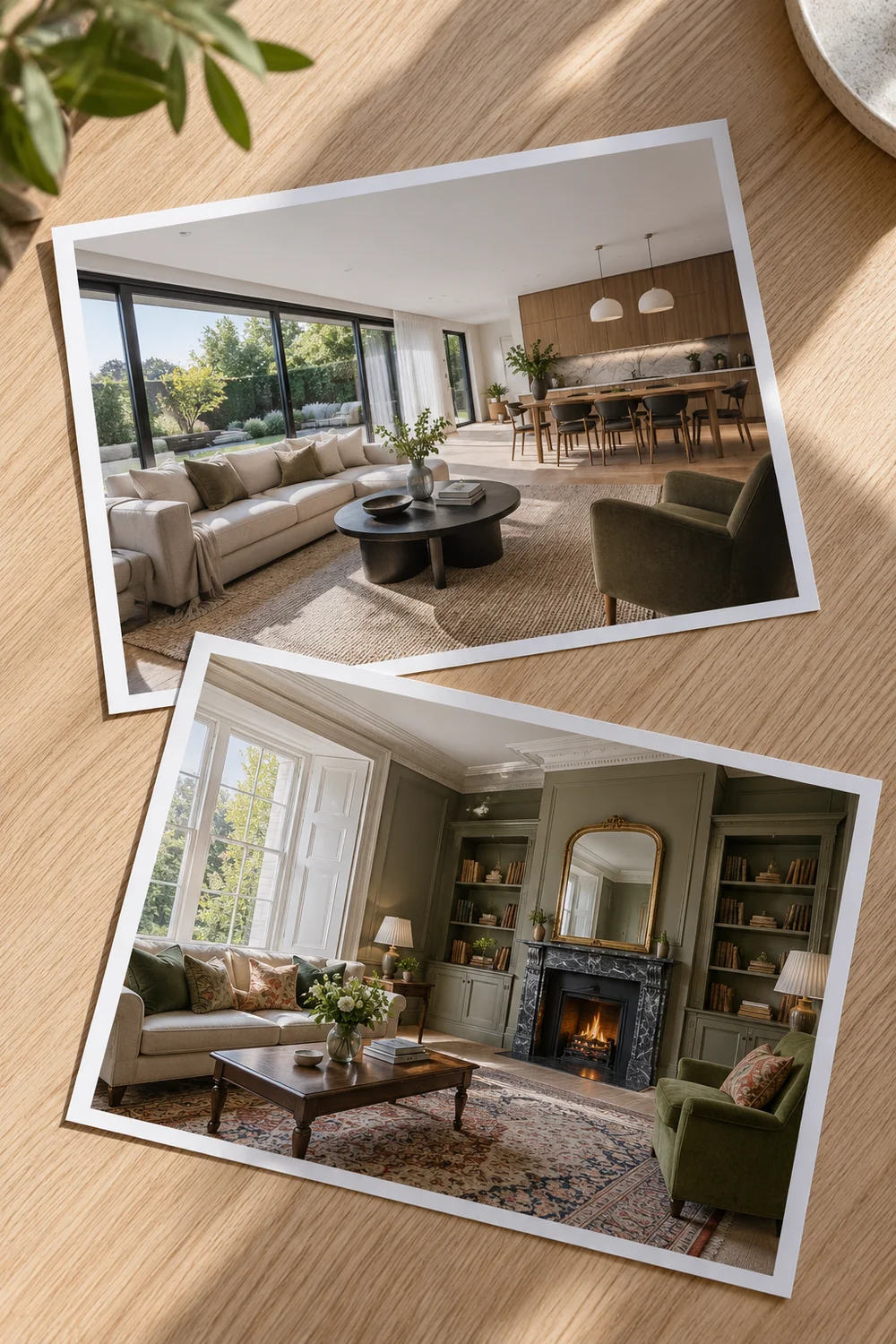 Two photographs showing contemporary and period living rooms