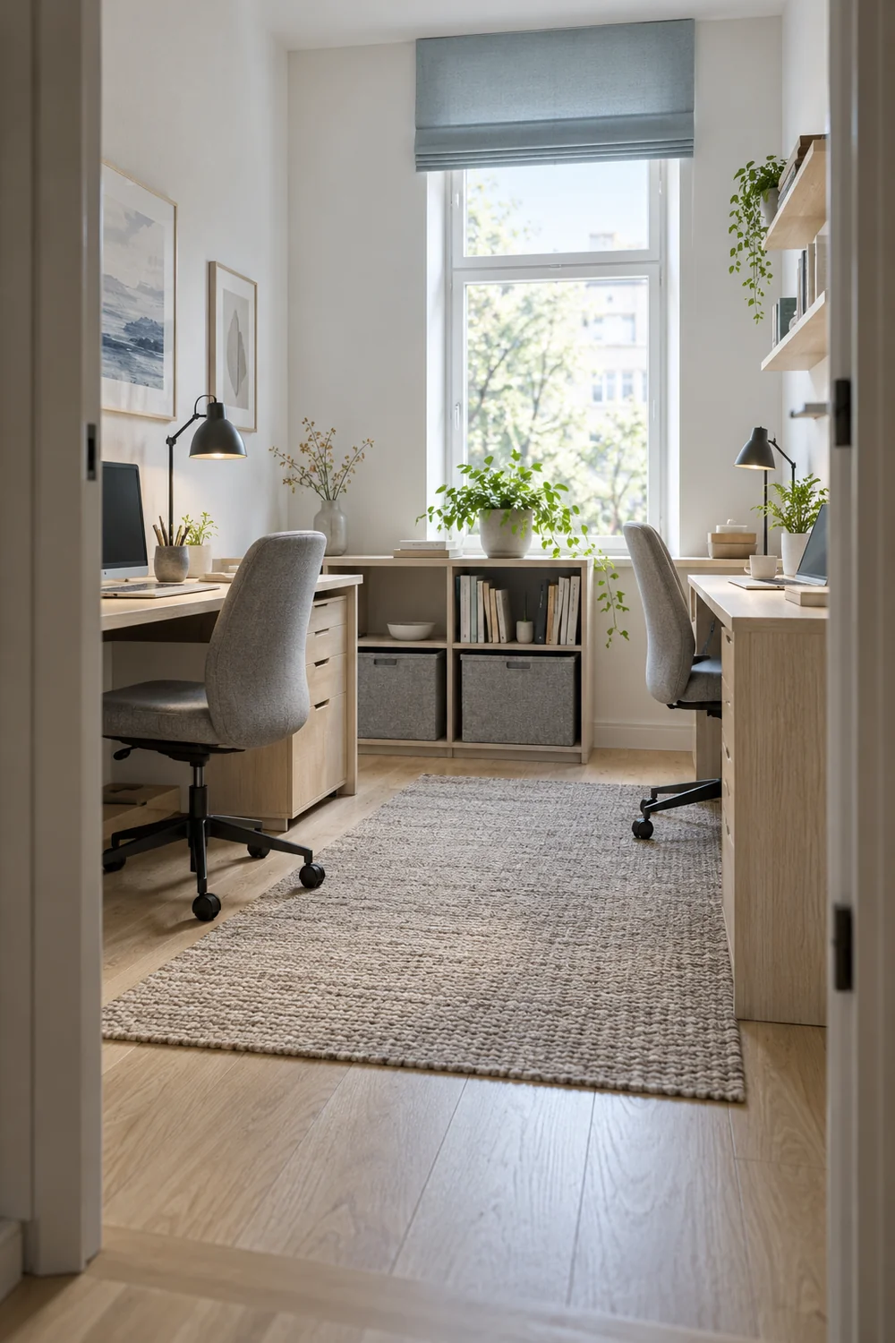 Two separate desk lights and shared storage in a finished home office