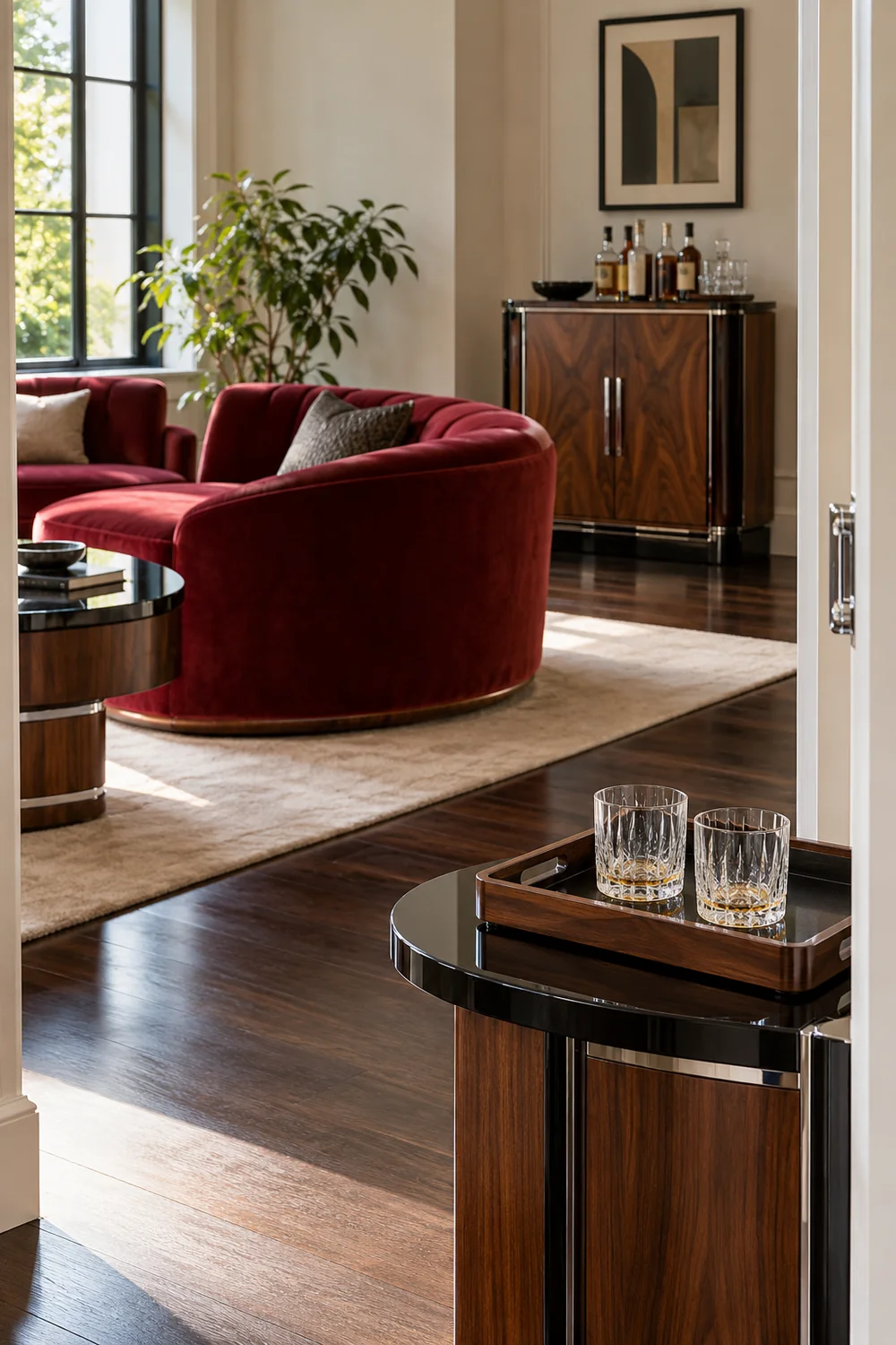 Two used tumblers on a removable tray beside a living room doorway
