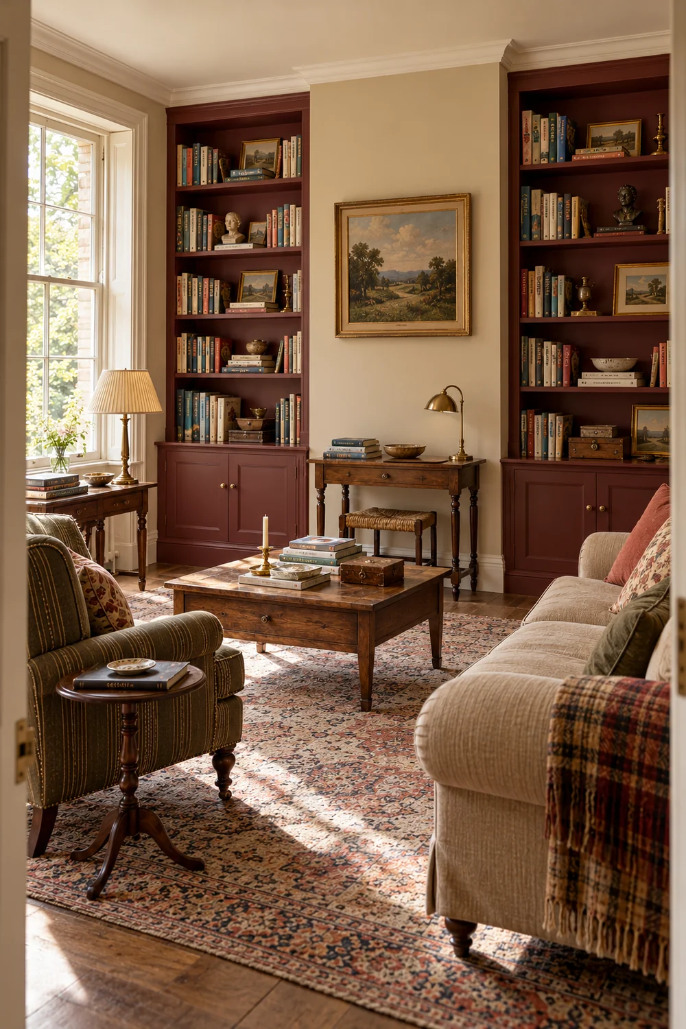 Two walnut bookcase alcoves around a parchment wall and small writing table