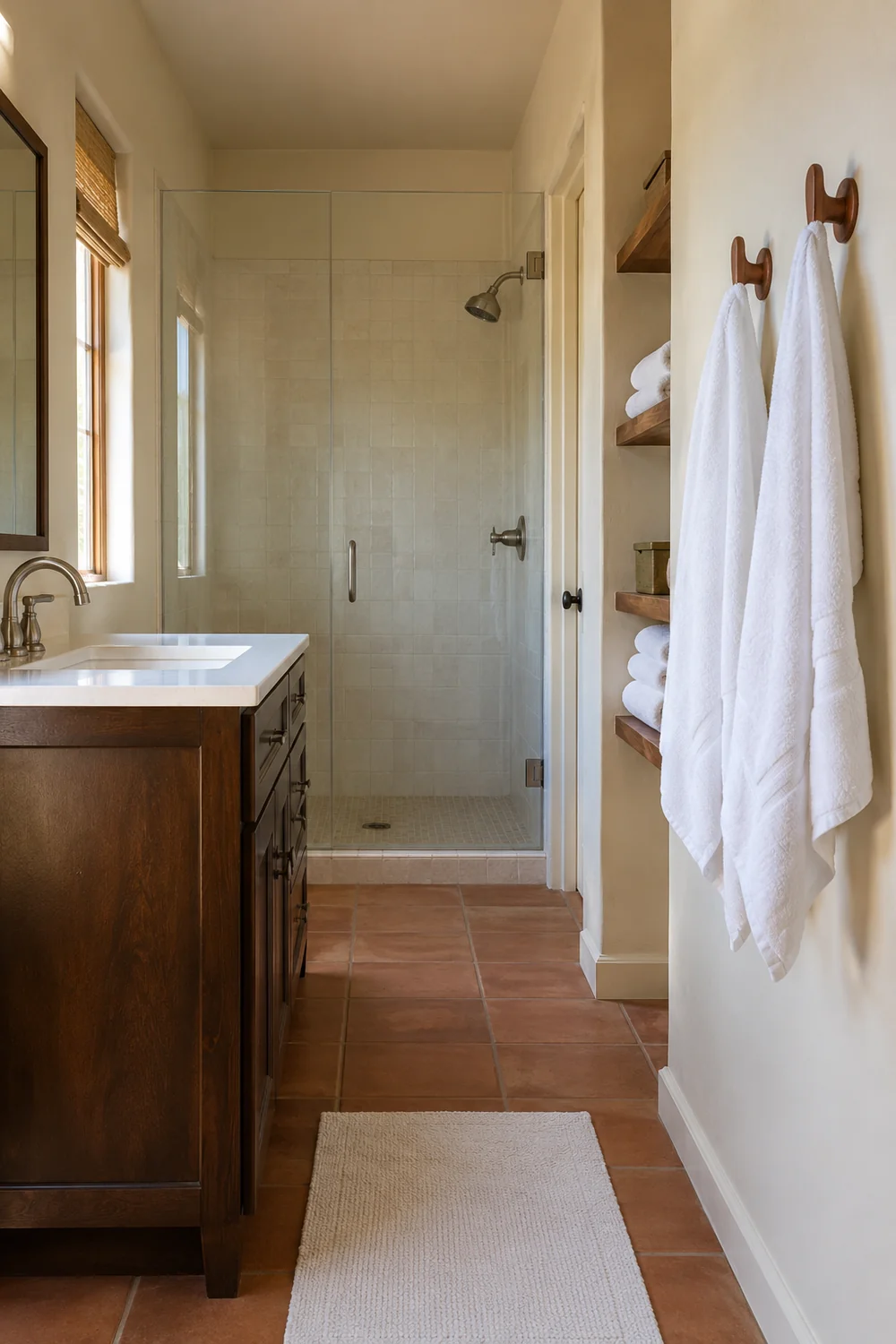 Two white towels on separate hooks beside dry towel shelves and a tiled shower