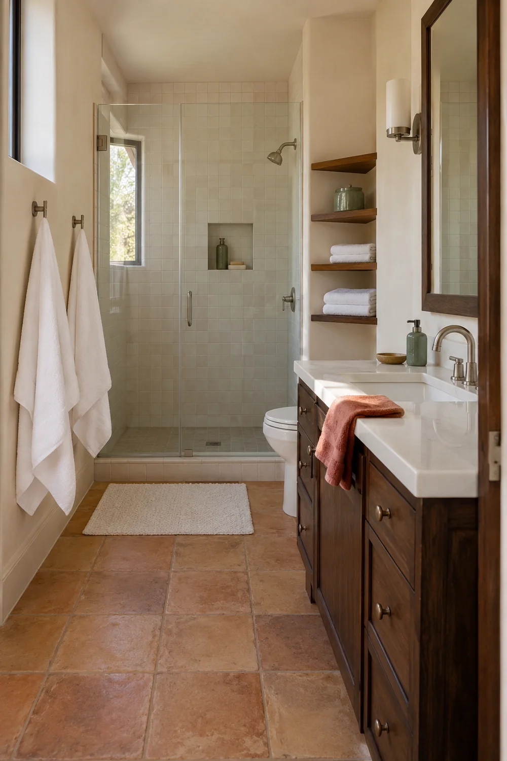 Two white towels on separate hooks opposite dry towel shelves and a walnut vanity