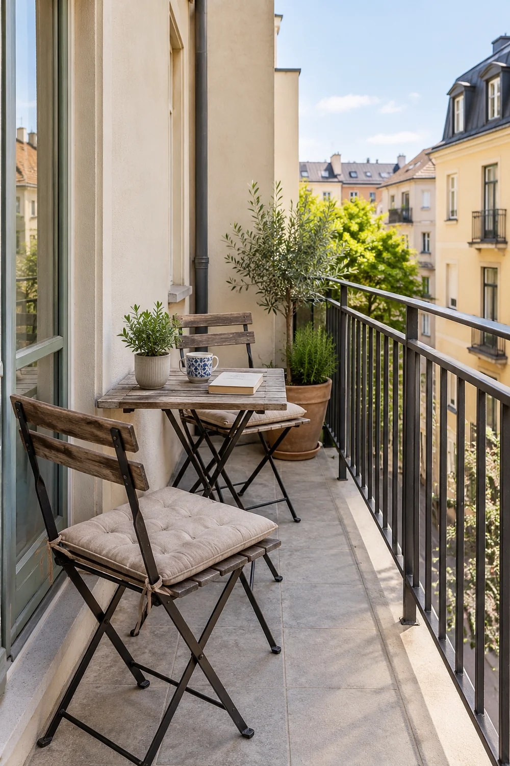 Two wooden chairs and a small table on a narrow apartment balcony