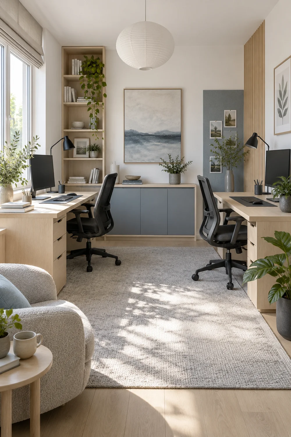 Two work screens angled away from the window in a shared office