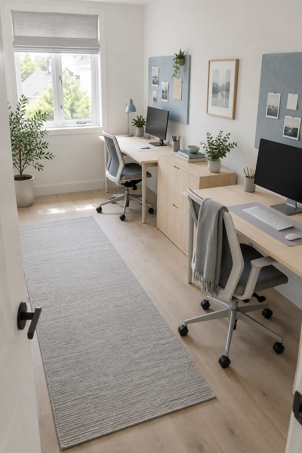 Two workstations in a small Scandinavian home office with a clear floor route