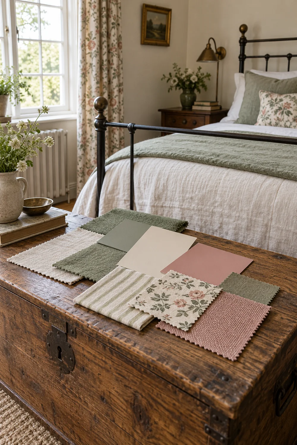 Unlabelled paint and fabric samples laid on an aged oak chest in a bright guest room