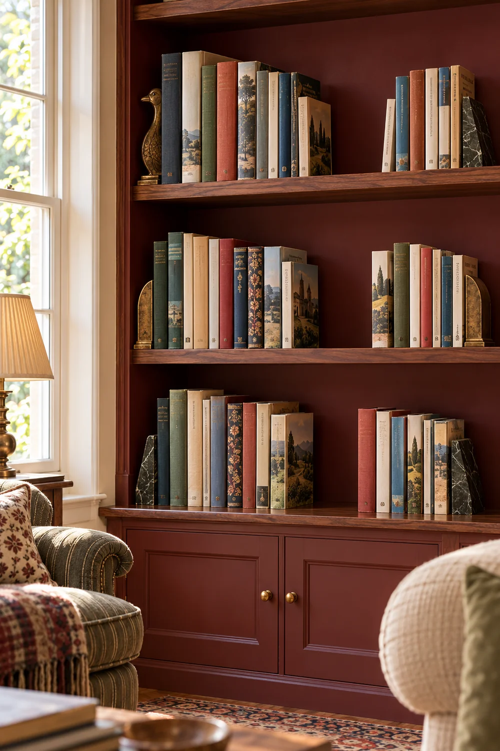 Upright book groups supported by discreet brass and dark stone bookends on walnut shelves