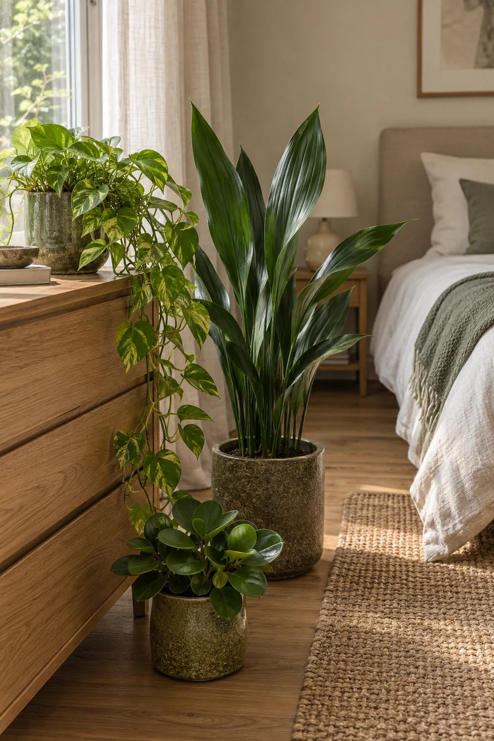 Upright cast iron plant rounded peperomia and trailing pothos beside a timber bedroom chest