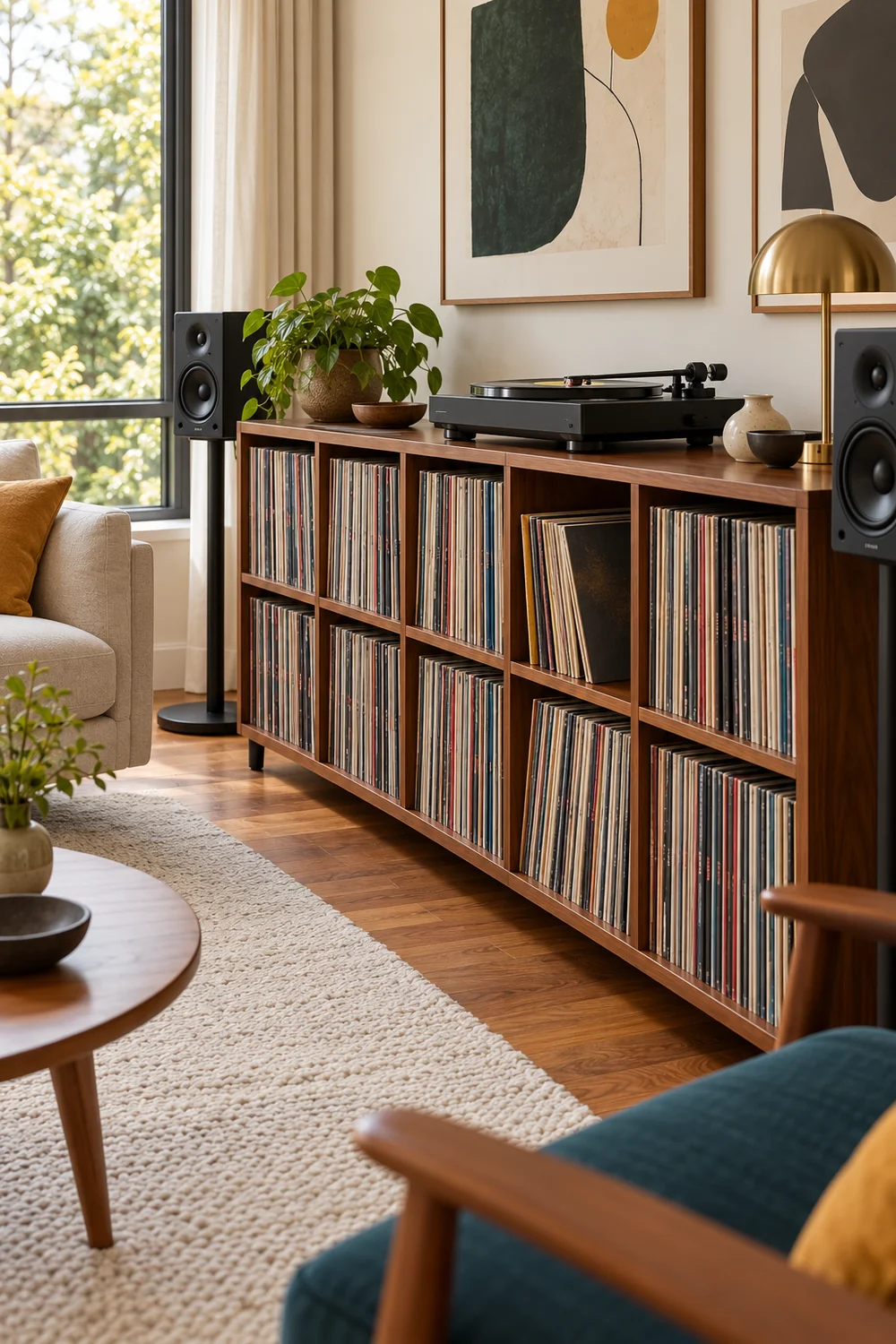 Upright record sleeves in walnut compartments beneath a black turntable