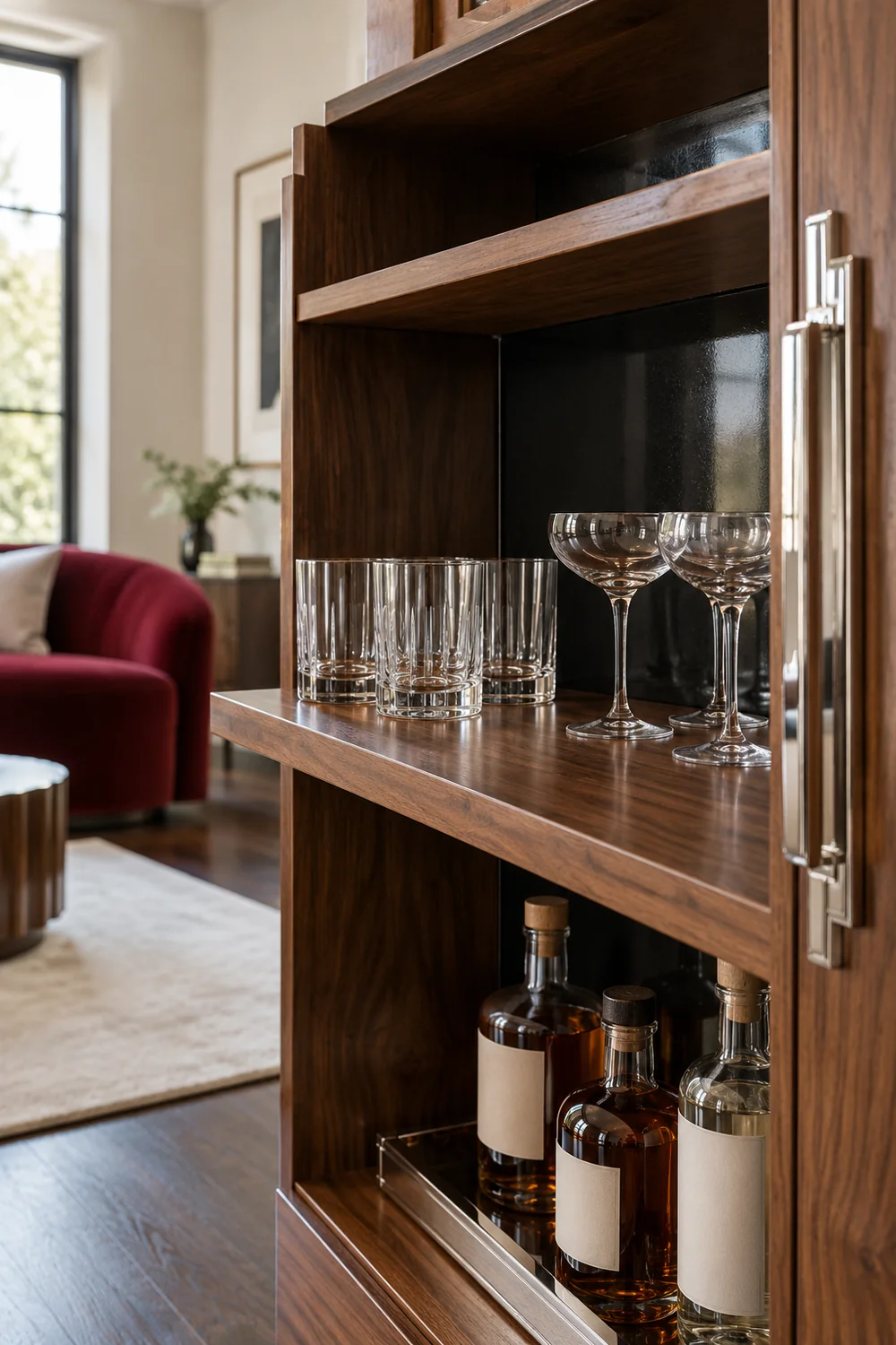 Upright tumblers and stemmed glasses grouped on a walnut cabinet shelf