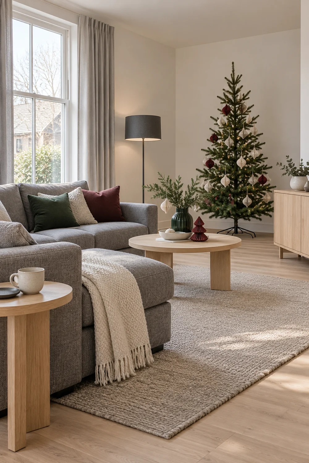 Useful side table and grey seating beside a modest decorated Christmas tree