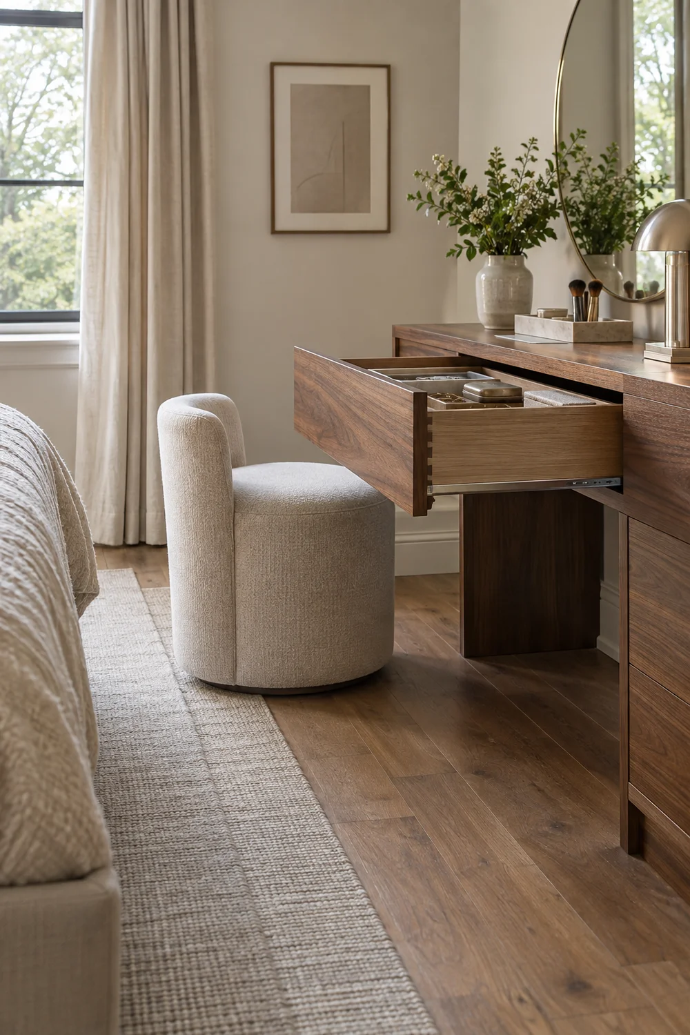 Vanity drawer open with stool and bed clearance visible